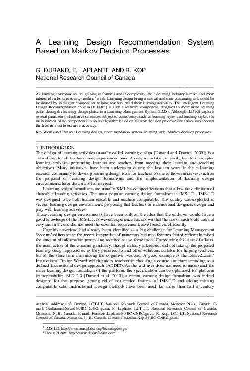 (PDF) A Learning Design Recommendation System Based on Markov Decision ...