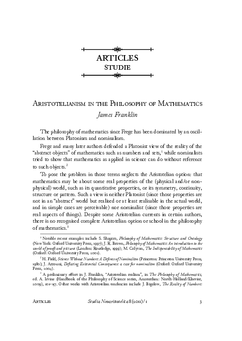 (PDF) Aristotelianism in the philosophy of mathematics