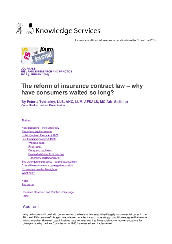 (PDF) The reform of insurance contract law why have consumers waited so ...