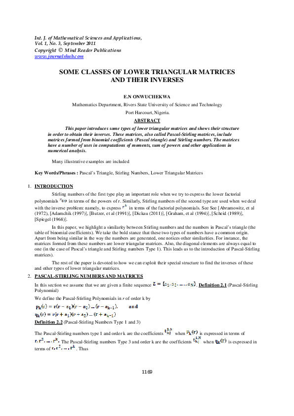 (PDF) Some classes of lower triangular matrices and their inverses