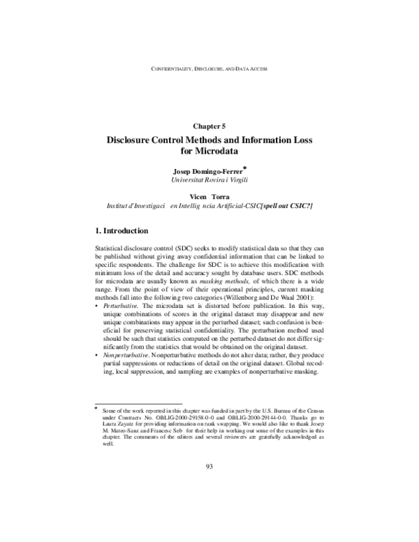 (PDF) Disclosure control methods and information loss for microdata