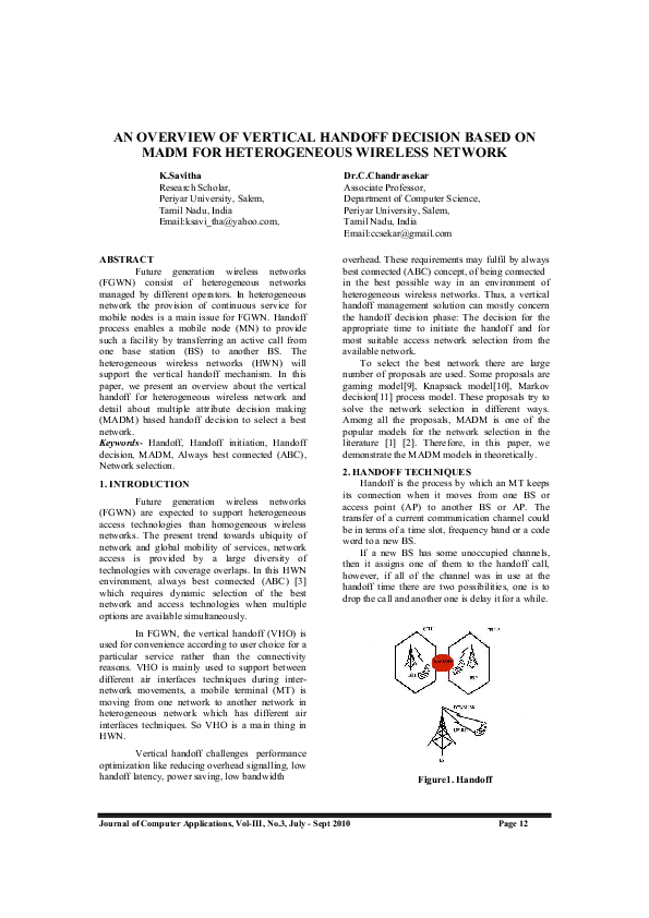 (PDF) An Overview Of Vertical Handoff Decision Based on Madm for ...