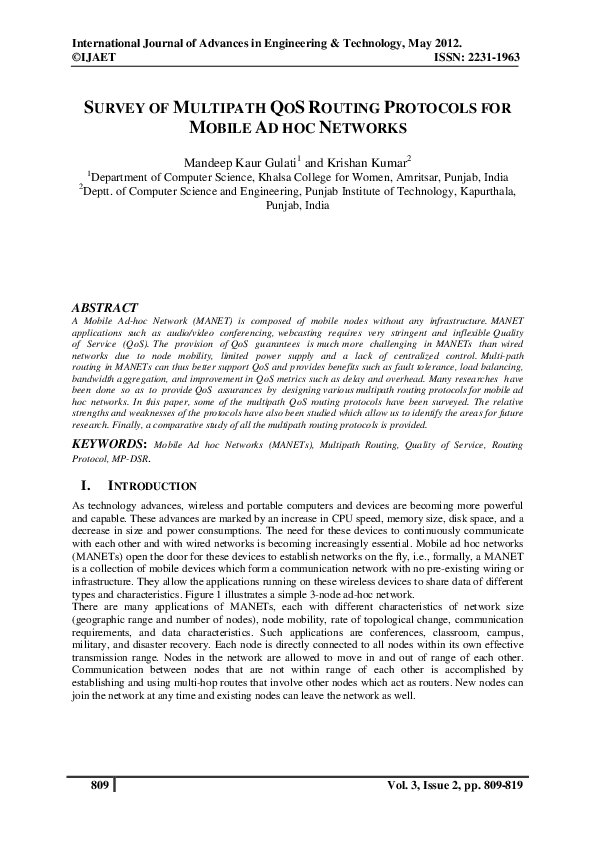 (PDF) SURVEY OF MULTIPATH QOS ROUTING PROTOCOLS FOR MOBILE AD HOC NETWORKS