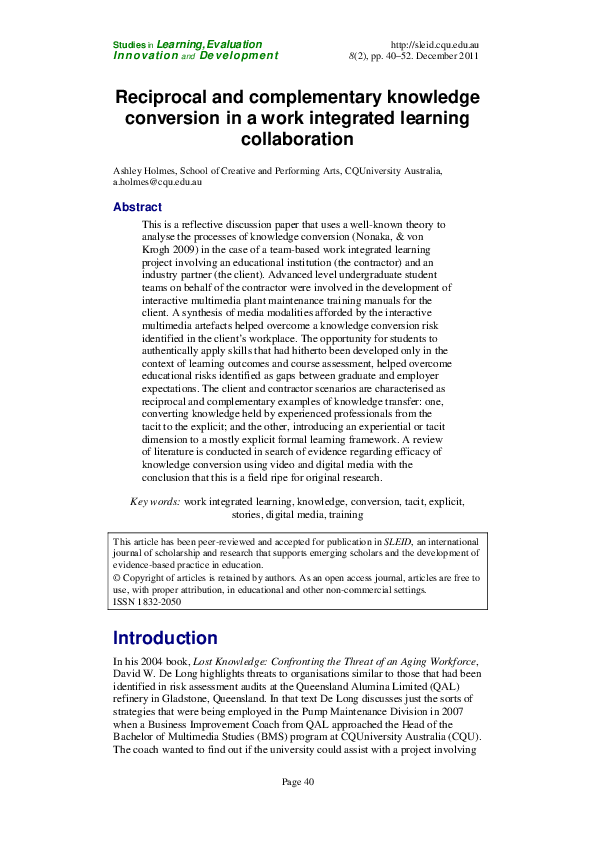(PDF) Reciprocal and complementary knowledge conversion in a work ...