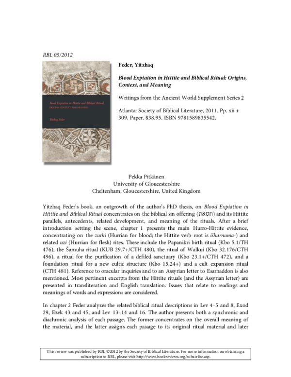 (PDF) Review of Yitzhaq Feder, Blood Expiation in Hittite and Biblical ...