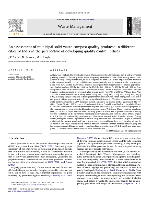 (PDF) An assessment of municipal solid waste compost quality produced ...