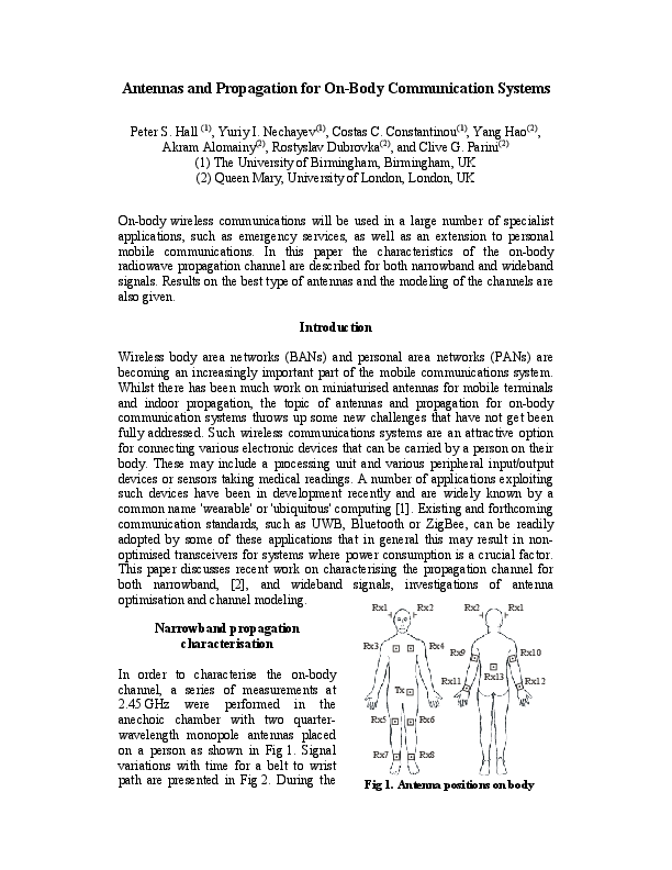 (PDF) Antennas and propagation for onbody communication systems