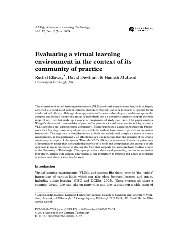 (PDF) Evaluating a virtual learning environment in the context of its ...
