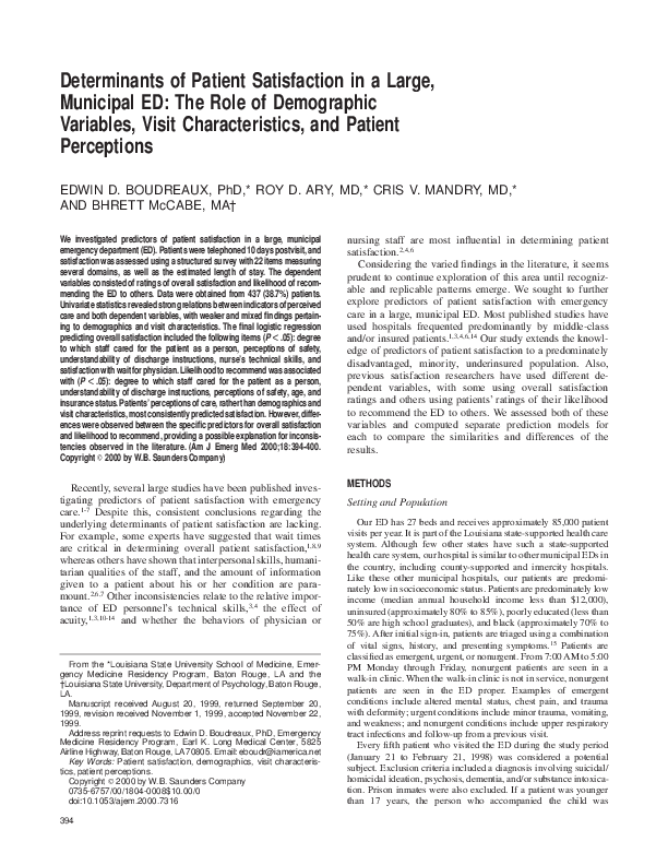 (PDF) Determinants of patient satisfaction in a large, municipal ED ...