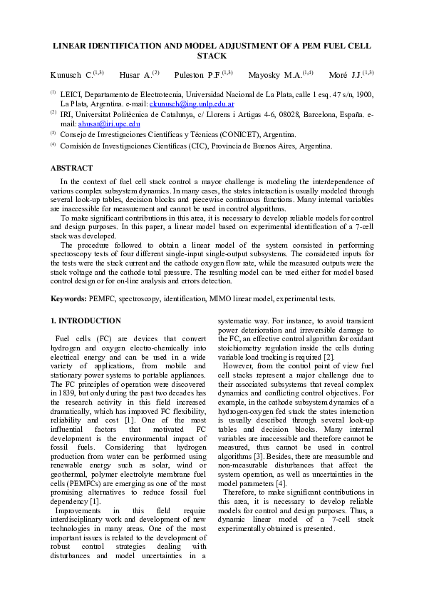 (PDF) Linear identification and model adjustment of a PEM fuel cell stack