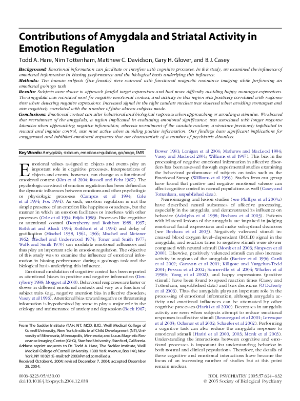 (PDF) Contributions of amygdala and striatal activity in emotion regulation