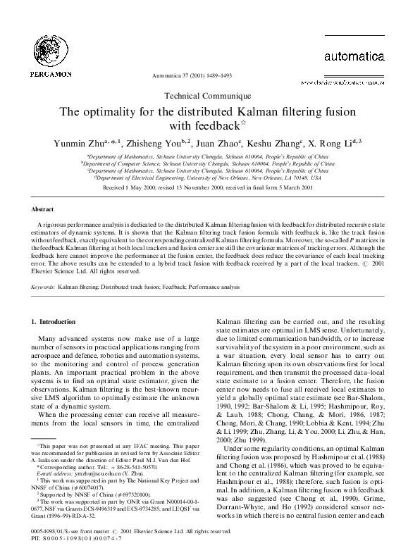 (PDF) The optimality for the distributed Kalman filtering fusion with ...