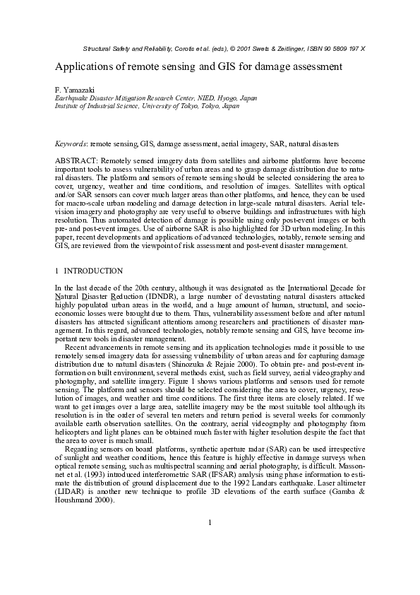 Pdf Applications Of Remote Sensing And Gis For Damage Assessment