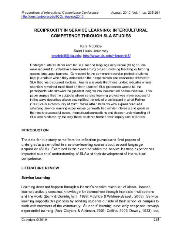 (PDF) Reciprocity in service learning: Intercultural competence through ...