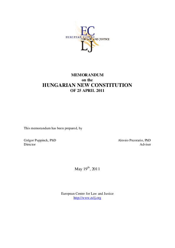 MEMORANDUM  on the   HUNGARIAN NEW CONSTITUTION  OF 25 APRIL 2011 