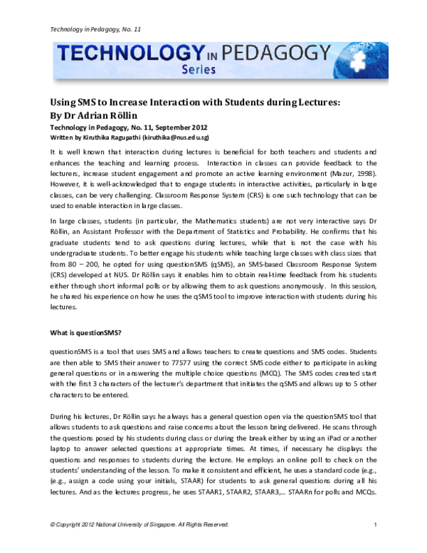 (PDF) Using SMS to Increase Interaction with Students during Lectures