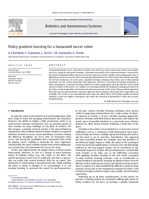 (PDF) Policy gradient learning for a humanoid soccer robot