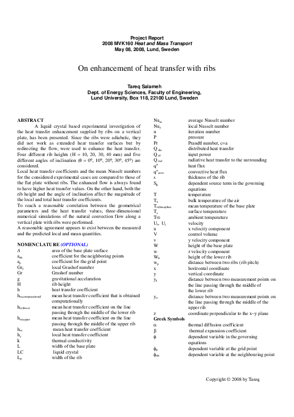 (PDF) On enhancement of heat transfer with ribs