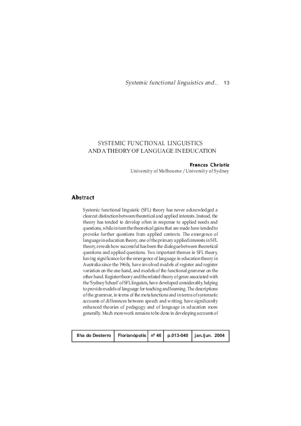 (PDF) SYSTEMIC FUNCTIONAL LINGUISTICS AND A THEORY OF LANGUAGE IN EDUCATION