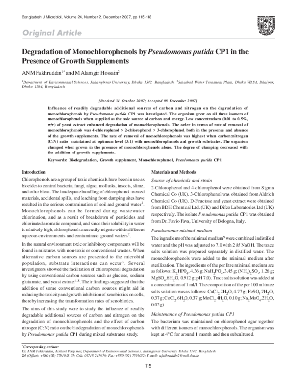 (PDF) Degradation of Monochlorophenols by Pseudomonas putida CP1 in the ...