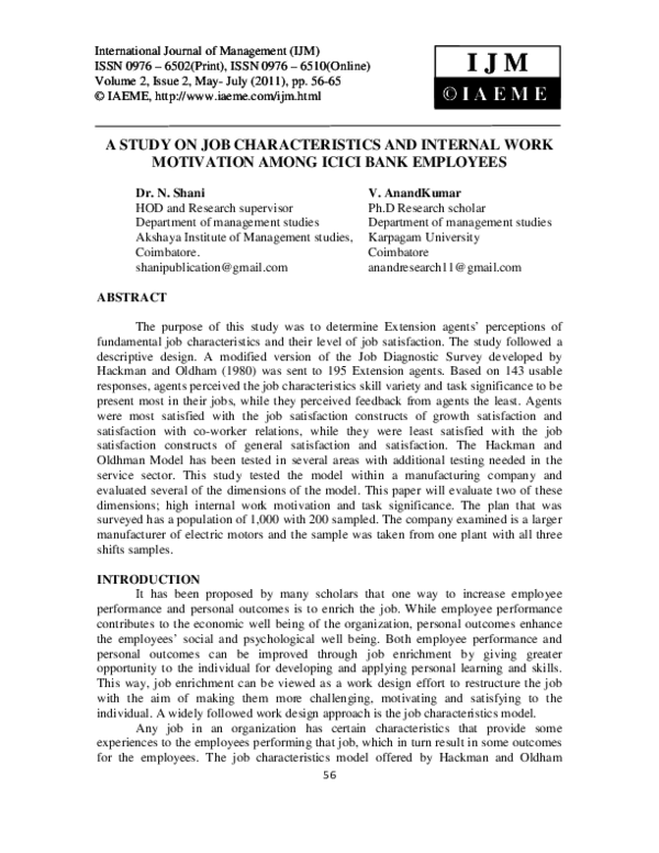 (PDF) A STUDY ON JOB CHARACTERISTICS AND INTERNAL WORK MOTIVATION AMONG ICICI BANK EMPLOYEES