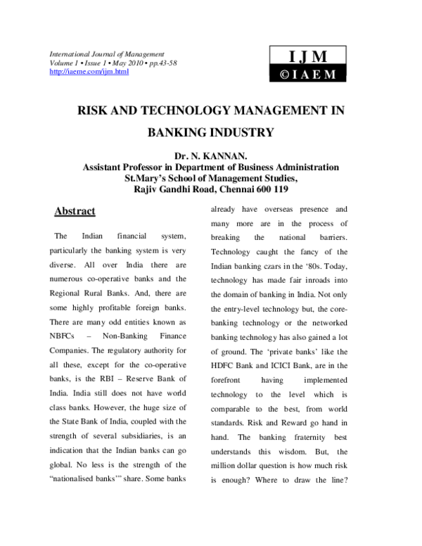 (PDF) RISK AND TECHNOLOGY MANAGEMENT IN BANKING INDUSTRY