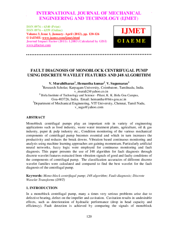 (PDF) FAULT DIAGNOSIS OF MONOBLOCK CENTRIFUGAL PUMP USING DISCRETE ...