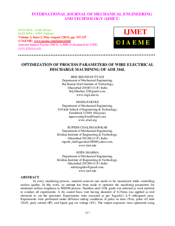 (PDF) OPTIMIZATION OF PROCESS PARAMETERS OF WIRE ELECTRICAL DISCHARGE ...