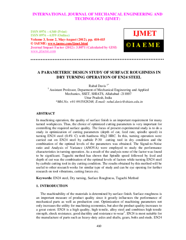 (PDF) A PARAMETERIC DESIGN STUDY OF SURFACE ROUGHNESS IN DRY TURNING ...