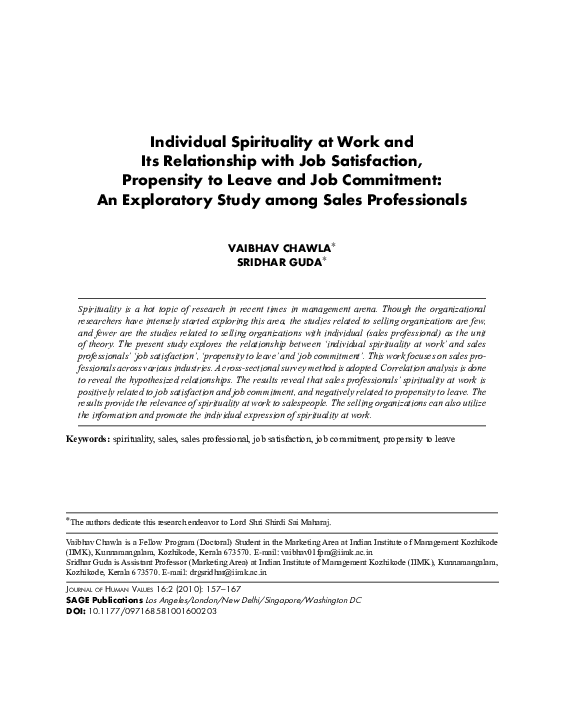 (PDF) Individual Spirituality at Work and Its Relationship with Job ...