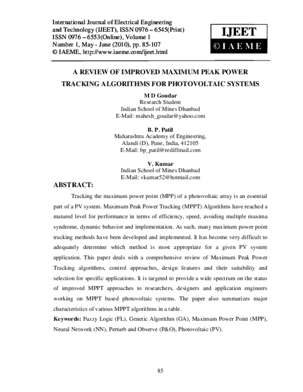 (PDF) A REVIEW OF IMPROVED MAXIMUM PEAK POWER TRACKING ALGORITHMS FOR ...