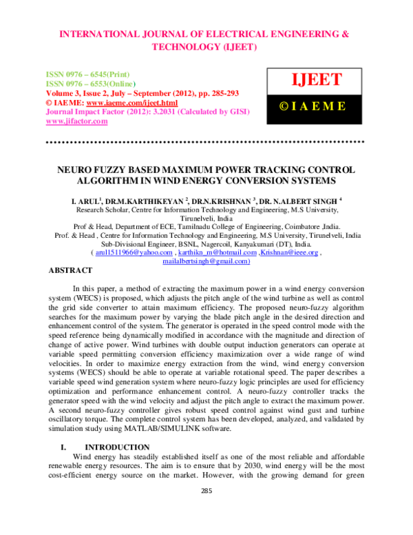 (PDF) NEURO FUZZY BASED MAXIMUM POWER TRACKING CONTROL ALGORITHM IN ...