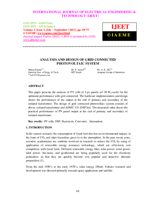 (PDF) ANALYSIS AND DESIGN OF GRID CONNECTED PHOTOVOLTAIC SYSTEM