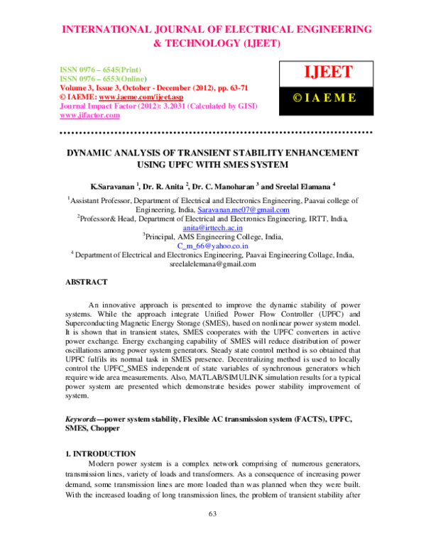 (PDF) DYNAMIC ANALYSIS OF TRANSIENT STABILITY ENHANCEMENT USING UPFC ...