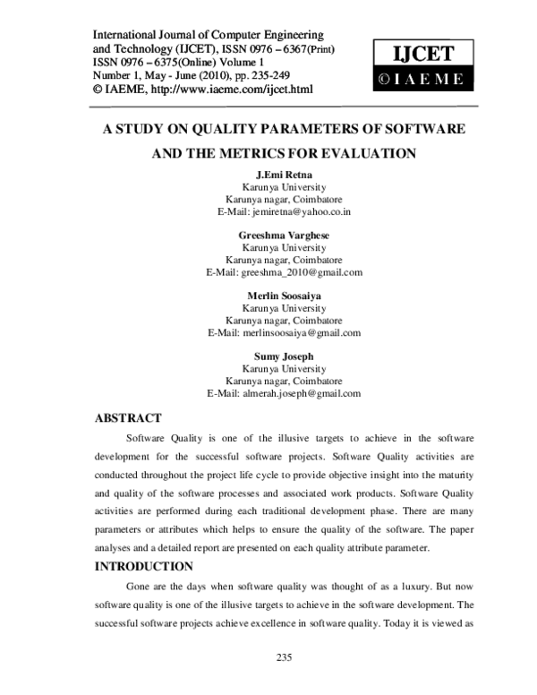 (PDF) A STUDY ON QUALITY PARAMETERS OF SOFTWARE AND THE METRICS FOR ...