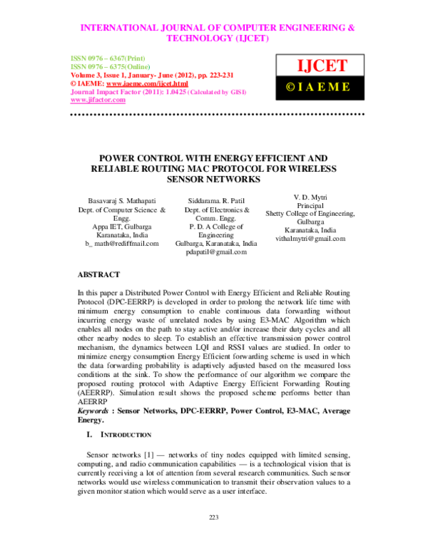 (PDF) POWER CONTROL WITH ENERGY EFFICIENT AND RELIABLE ROUTING MAC ...