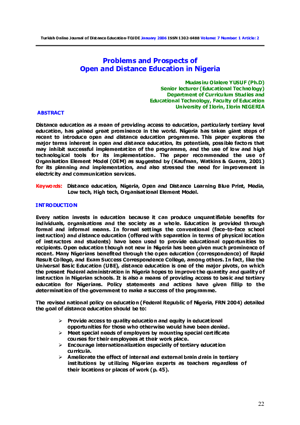 (PDF) Problems and Prospects of Open and Distance Education in Nigeria