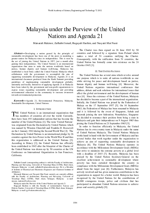 Pdf Malaysia Under The Purview Of The United Nations And Agenda 21 Associate Professor Sr Ts Dr Zulhabri Ismail And Maisarah Makmor Academia Edu