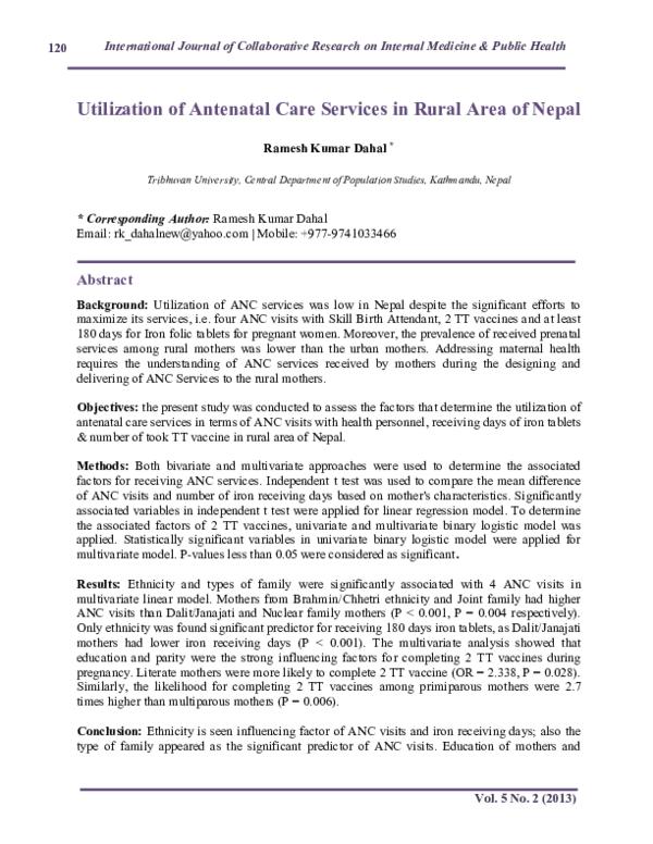 (PDF) Utilization of Antenatal Care Services in Rural Area of Nepal