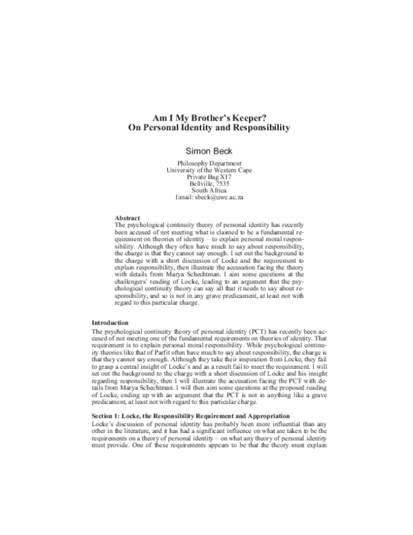 (PDF) Am I My Brother's Keeper? On Personal Identity and Responsibility