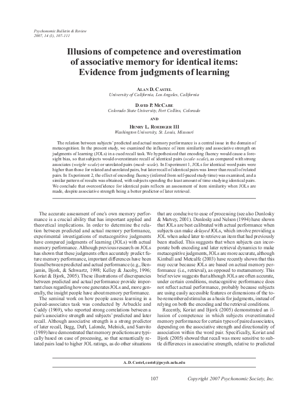 (PDF) Illusions of competency and overestimation of associative memory ...