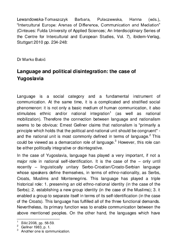 Language and political destruction. The case of Yugoslavia