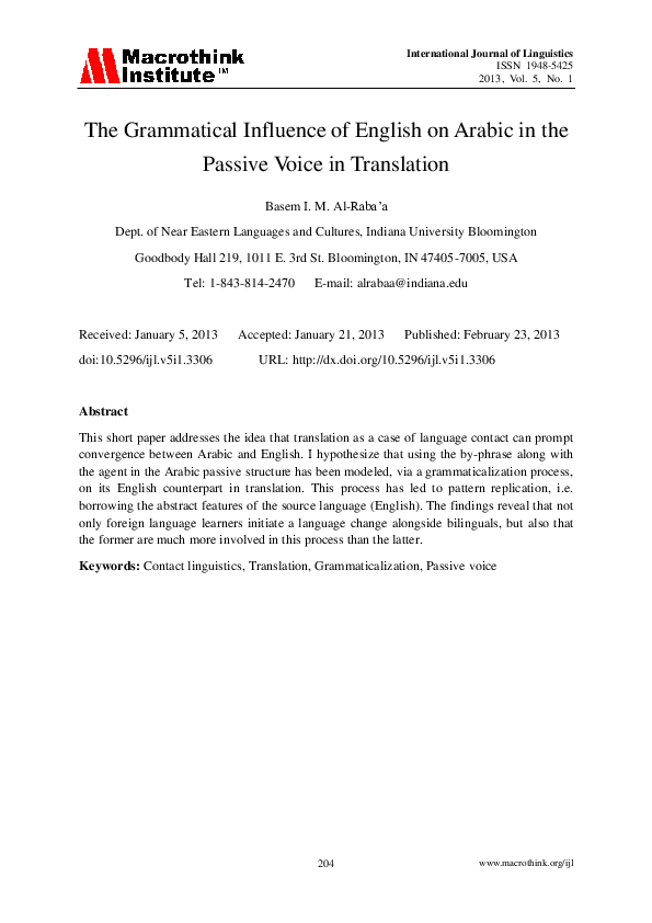 (PDF) The Grammatical Influence of English on Arabic in the Passive ...