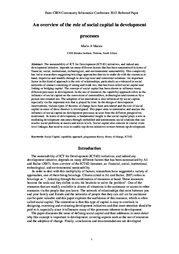 (PDF) An overview of the role of social capital in development processes