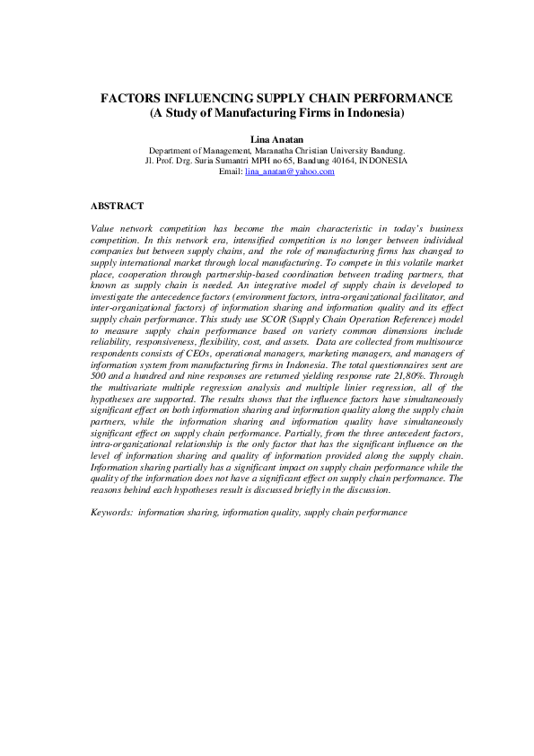 (PDF) Factors Influencing Supply Chain Performance: A Study of ...