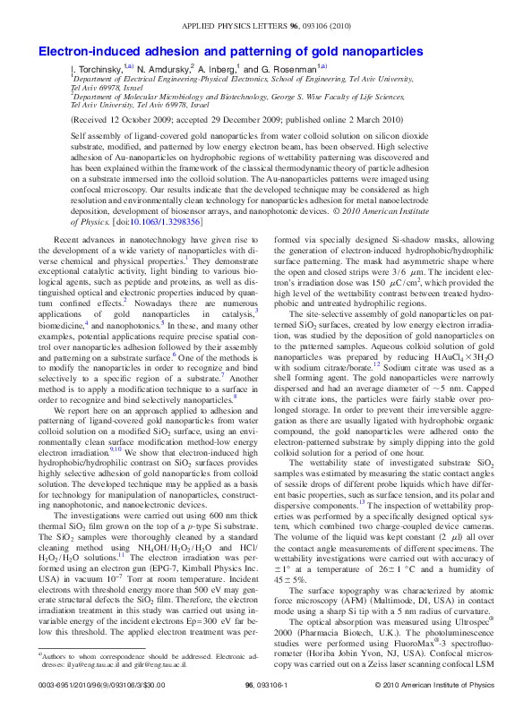 (PDF) Electron-induced adhesion and patterning of gold nanoparticles
