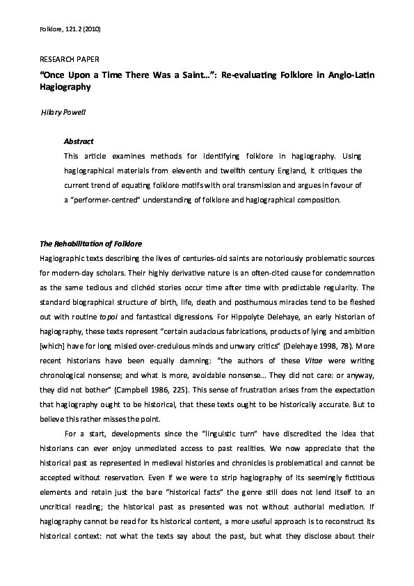 (PDF) “Once Upon a Time There Was a Saint …”: Re-evaluating Folklore in ...