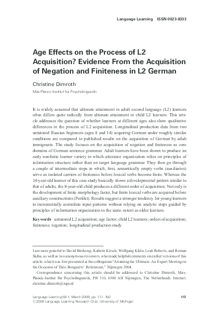 (PDF) Age Effects on the Process of L2 Acquisition? Evidence From the ...
