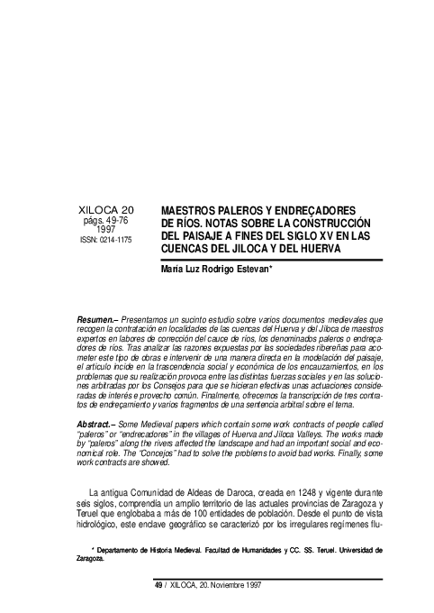 Maestros paleros y 'endreçadores' de ríos. Notas sobre la construcción del paisaje a fines del siglo XV en las cuencas del Jiloca y del Huerva [1997]