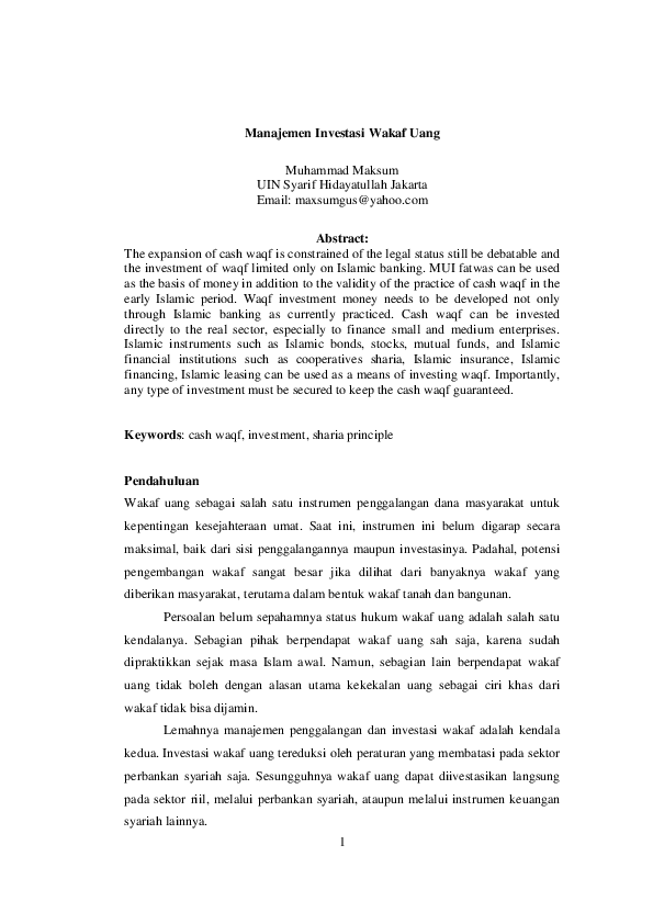 Pdf Manajemen Investasi Wakaf Uang Nidaul Jannah Academia Edu